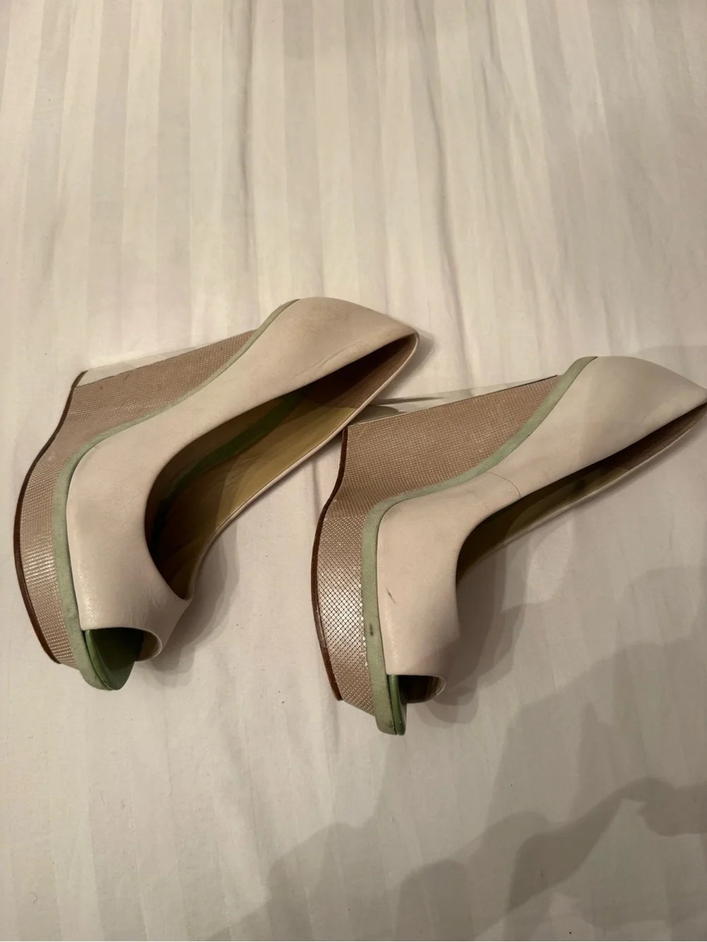 Brian Atwood Ivory Peep-Toe Wedges with Mint Trim